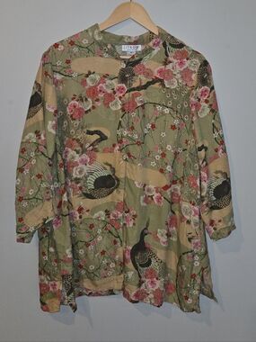 Citron Santa Monica 100% Silk Floral Peacock Blouse 2X Asian Inspired Artsy Boho